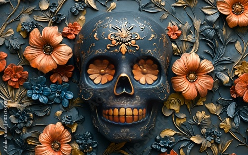  A Skull Adorned with Flowers Against a Black Background. 