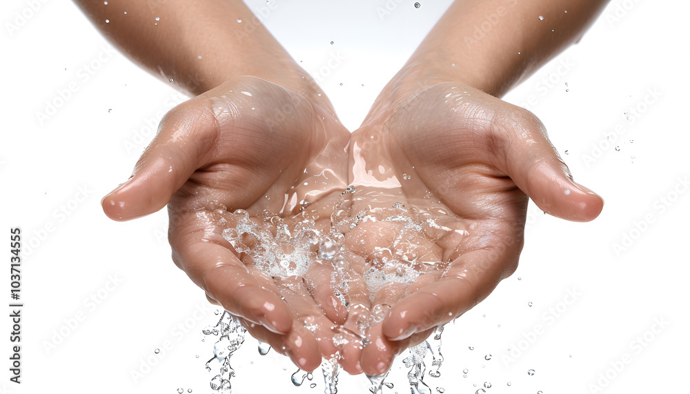 Fototapeta premium Pouring water into woman's hands on white background, closeup