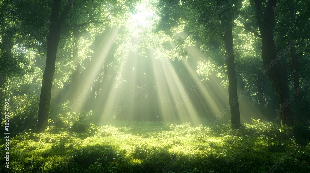 Obraz premium A serene forest scene with sunlight streaming through lush green trees, casting rays of light onto the vibrant undergrowth.