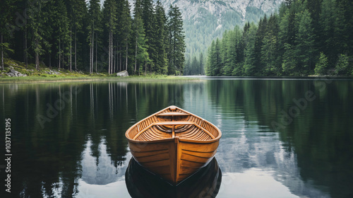 A serene lake with a small boat floating peacefully on the water. photo