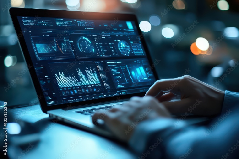 Close-up of hands typing on a laptop with a screen full of graphs and data. Close-up of hands typing on a laptop with a screen full of graphs and data.