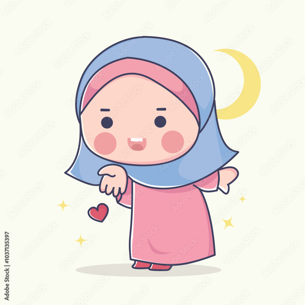 Vector Illustration Of Charming Muslim Girl Character in hijab. Cartoon vector illustration isolated with adorable pose Vector Illustration Of Charming Muslim Girl Character in hijab. Cartoon vector illustration isolated with adorable pose