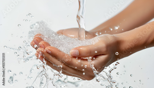 Pouring water into woman's hands on white background, closeup