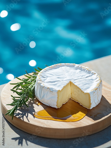 A soft round of Brie de Meaux, A sprig of fresh rosemary rests beside photo