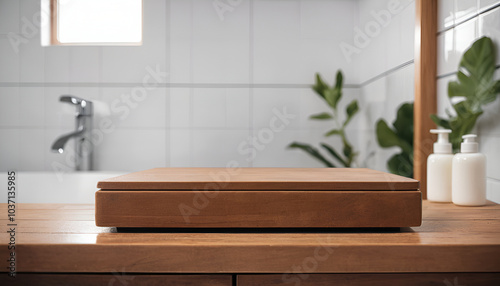 wooden table  product display podium in blurred bathroom