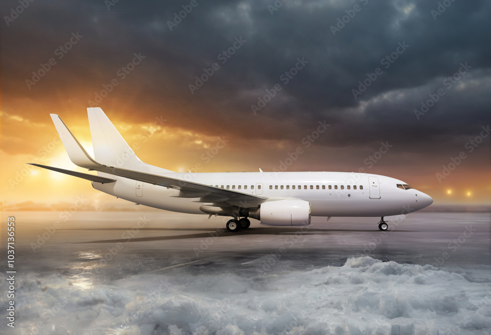 Fototapeta premium Aircraft at non-flying weather. Winter snow storm at airport.