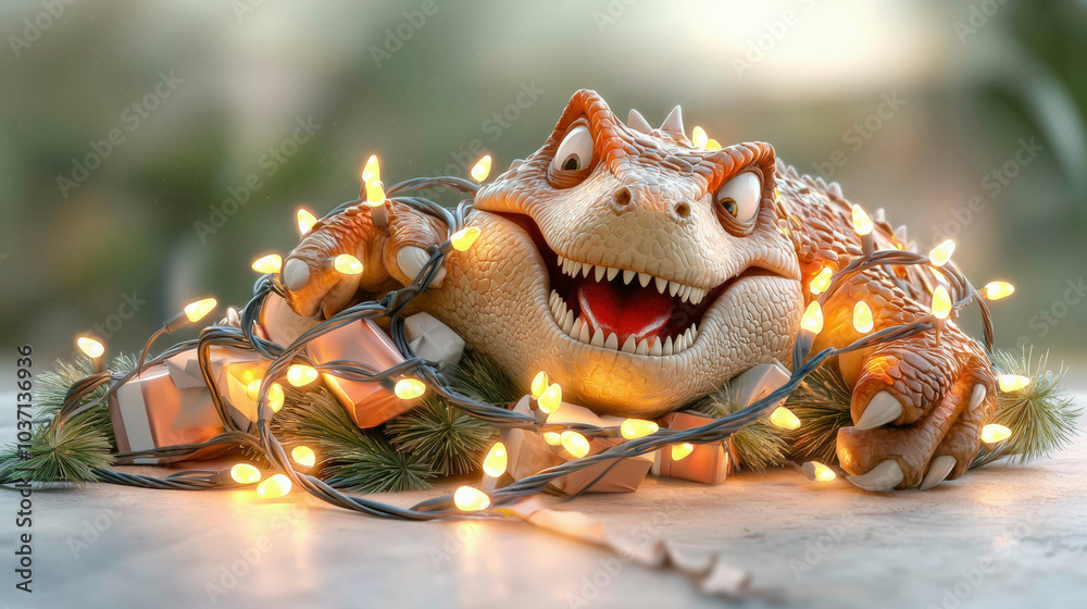 A cheerful toad wrapped in glowing Christmas lights sits among gifts, exuding a festive and playful holiday spirit in a soft, blurred background. A cheerful toad wrapped in glowing Christmas lights sits among gifts, exuding a festive and playful holiday spirit in a soft, blurred background.