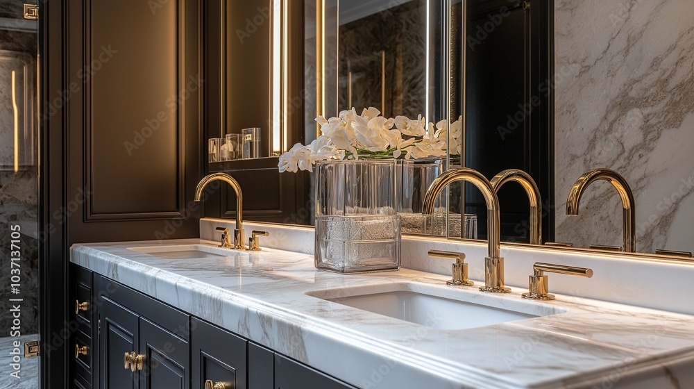 An opulent bathroom design showcasing a double vanity with polished marble countertops and modern glass faucets. The room is adorned with stylish mirrors and ambient lighting for a sophisticated look.