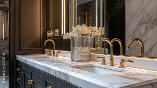 Obraz na płótnie An opulent bathroom design showcasing a double vanity with polished marble countertops and modern glass faucets. The room is adorned with stylish mirrors and ambient lighting for a sophisticated look. w salonie