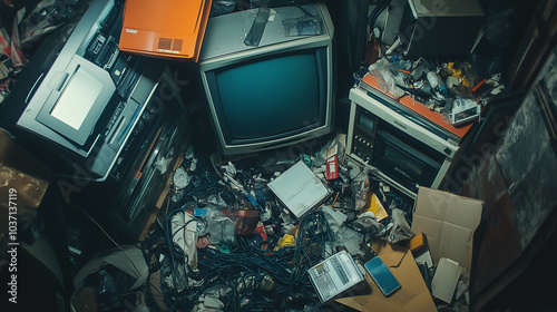 Pile of electronic waste polluting a dark room, a symbol of the global issue of e-waste management and recycling photo