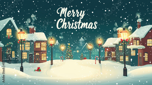 Wallpaper Mural Snowy Christmas Town: A charming winter scene of a snow-covered town illuminated by streetlights with a festive Christmas tree in the background. Perfect for holiday greetings, wintery backgrounds. Torontodigital.ca