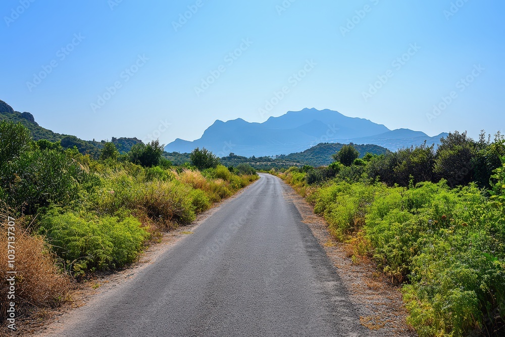 A winding road leads to a mountain range in the distance. A winding road leads to a mountain range in the distance.