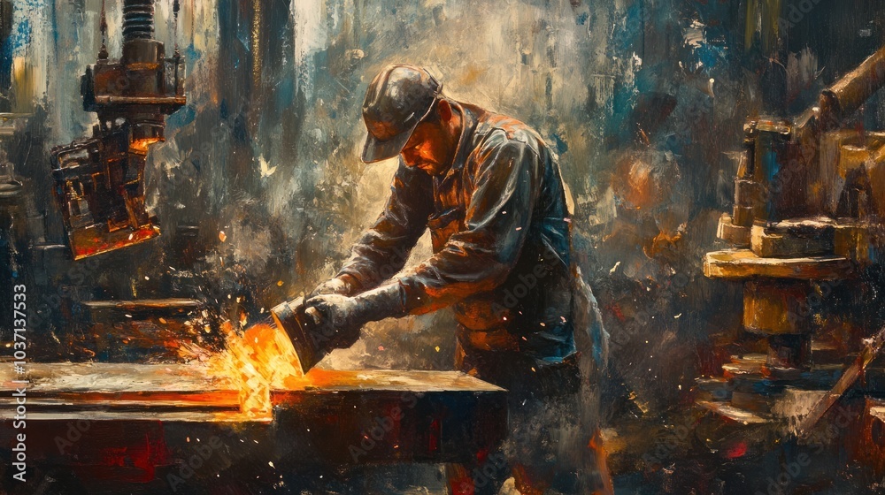 A skilled worker pours molten metal in a vibrant industrial setting. A skilled worker pours molten metal in a vibrant industrial setting.