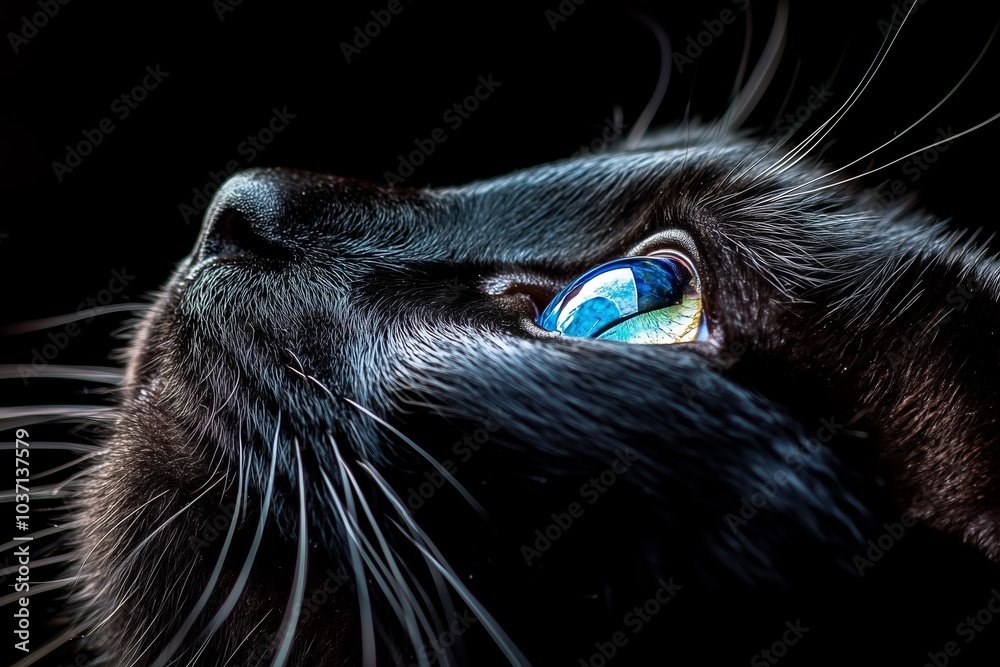 A close-up of a black cat's eye, reflecting blue and green hues