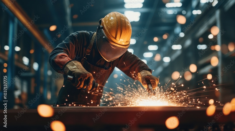 A worker welding metal, creating sparks in an industrial setting. A worker welding metal, creating sparks in an industrial setting.