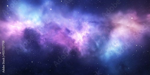 A cosmic canvas of swirling purple and blue nebulae against a backdrop of twinkling stars