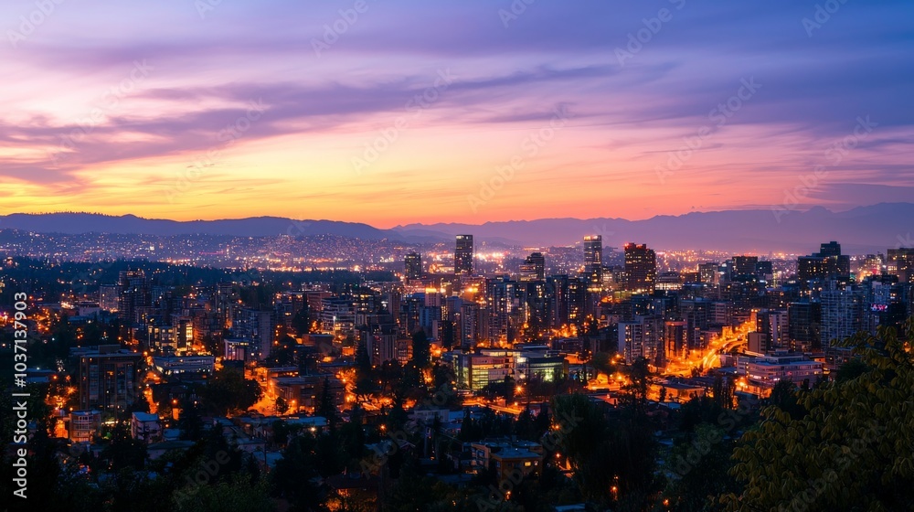 A cityscape at dusk with energy-efficient LED streetlights, showcasing sustainable urban infrastructure A cityscape at dusk with energy-efficient LED streetlights, showcasing sustainable urban infrastructure
