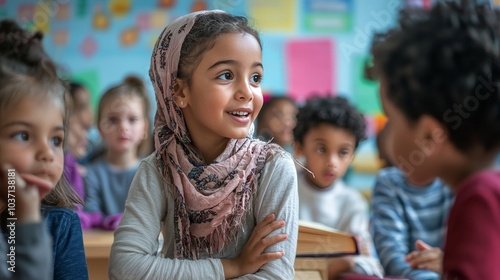 A classroom of diverse students learning about global sustainability challenges, fostering early education on social issues
