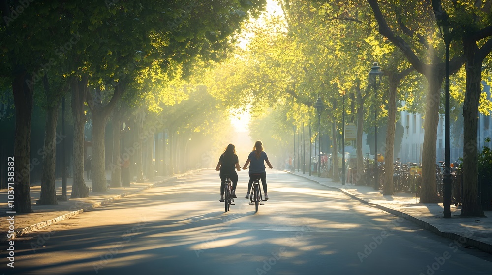 Two friends riding a tandem bicycle through a city street lined with trees in the soft morning light Two friends riding a tandem bicycle through a city street lined with trees in the soft morning light
