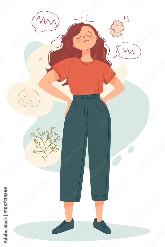 A woman standing confidently with a thoughtful expression, surrounded by abstract shapes.