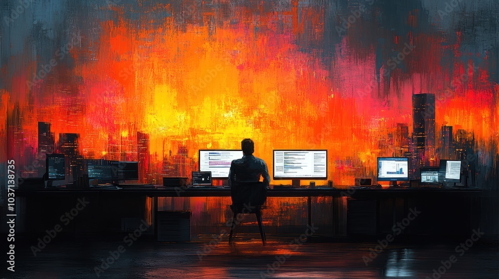 A lone figure sits at a desk with multiple screens, overlooking a fiery cityscape. A lone figure sits at a desk with multiple screens, overlooking a fiery cityscape.