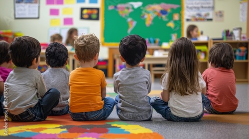 A classroom of diverse students learning about global sustainability challenges, fostering early education on social issues