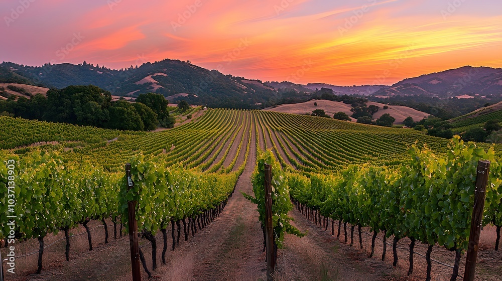 Fototapeta premium 58. A warm sunset over a vineyard, with rows of grapevines stretching into the distance