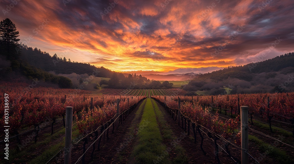 58. A warm sunset over a vineyard, with rows of grapevines stretching into the distance 58. A warm sunset over a vineyard, with rows of grapevines stretching into the distance