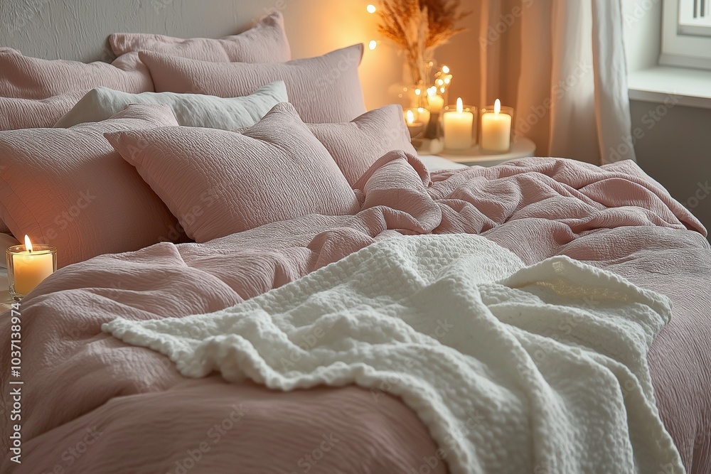 A romantic bedroom scene with a beautifully made bed featuring soft pink linens and a cozy white throw blanket. The warm lighting from candles adds to the inviting atmosphere.