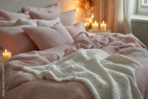 Obraz na płótnie A romantic bedroom scene with a beautifully made bed featuring soft pink linens and a cozy white throw blanket. The warm lighting from candles adds to the inviting atmosphere. w salonie