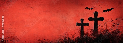 Eerie Halloween background featuring a red backdrop with two crosses and bats, perfect for spooky decorations.