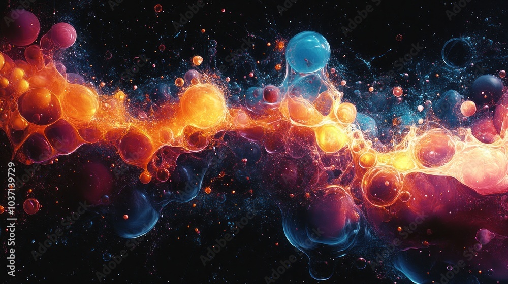 Abstract cosmic scene featuring colorful bubbles and swirling patterns in a dark space background. Abstract cosmic scene featuring colorful bubbles and swirling patterns in a dark space background.