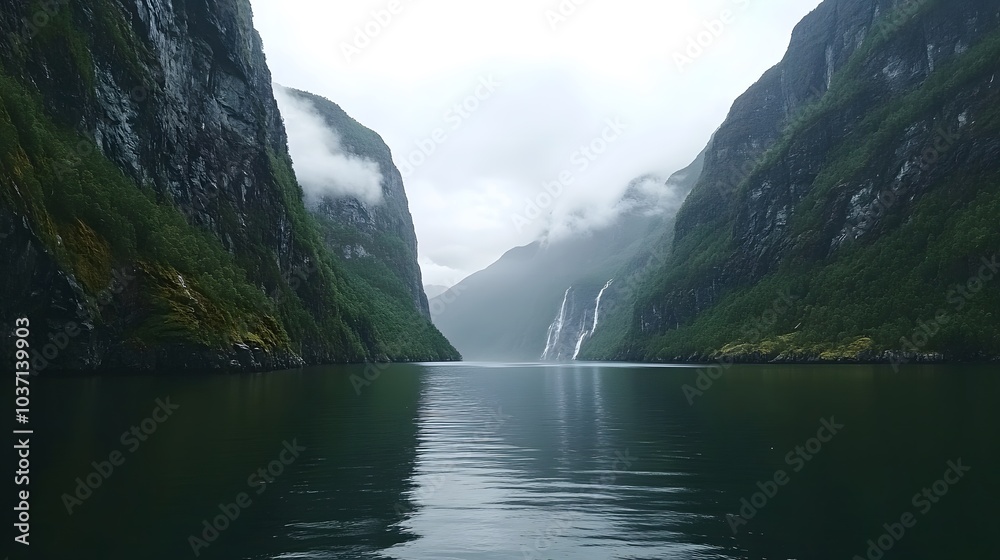 61. A beautiful fjord surrounded by towering cliffs and waterfalls cascading into the water 61. A beautiful fjord surrounded by towering cliffs and waterfalls cascading into the water