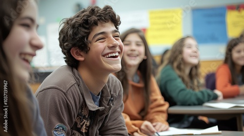 A classroom where one student's laughter spreads to others, illustrating emotional contagion