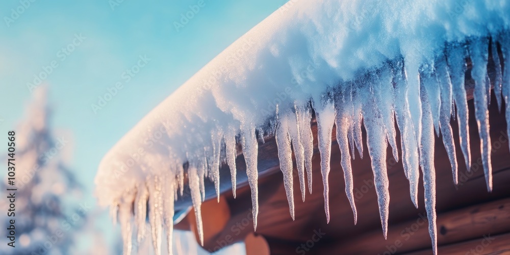 Detailed Icicles Forming on House Rooftop Detailed Icicles Forming on House Rooftop