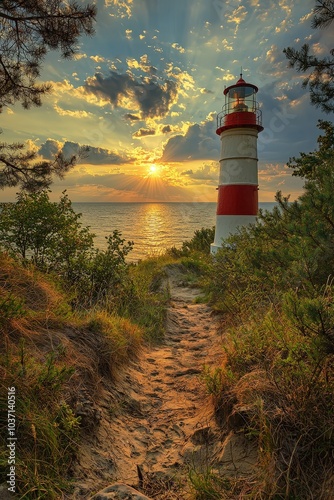 Fototapeta Naklejka Na Ścianę i Meble -  Scenic Sunset Path to Lighthouse on Baltic Sea Coast