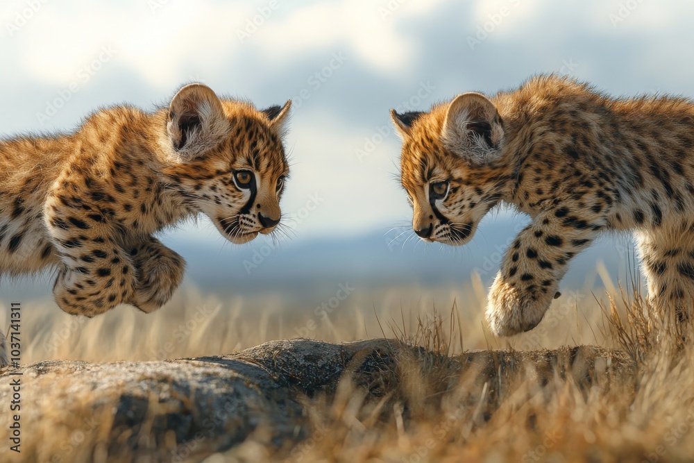 Fototapeta premium Two playful leopard cubs engage in a friendly confrontation amid golden grasslands, showcasing their spotted fur.