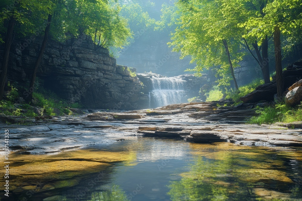 A serene waterfall surrounded by lush green trees and rocky terrain in soft morning light. A serene waterfall surrounded by lush green trees and rocky terrain in soft morning light.