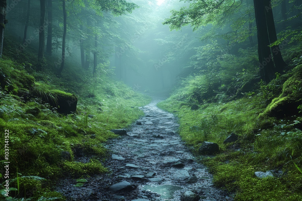 Obraz premium A serene forest pathway leads through lush green foliage, enveloped in mist, creating a tranquil atmosphere.
