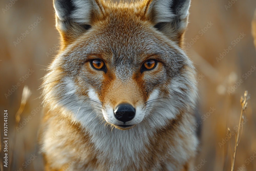 Fototapeta premium Close-up of a majestic coyote in a golden grass field, showcasing its intense golden eyes and textured fur.