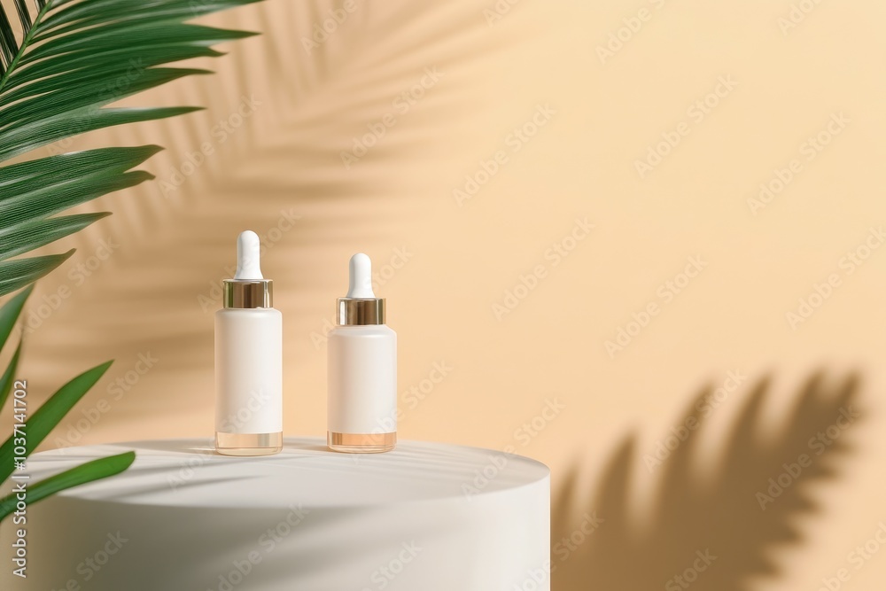 Natural Skincare Line Displayed with Palm Leaf Accent Natural Skincare Line Displayed with Palm Leaf Accent