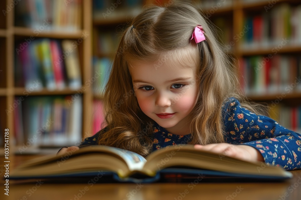 Intimate Portrait of Young Child Engaged in Reading Activity at Library Intimate Portrait of Young Child Engaged in Reading Activity at Library