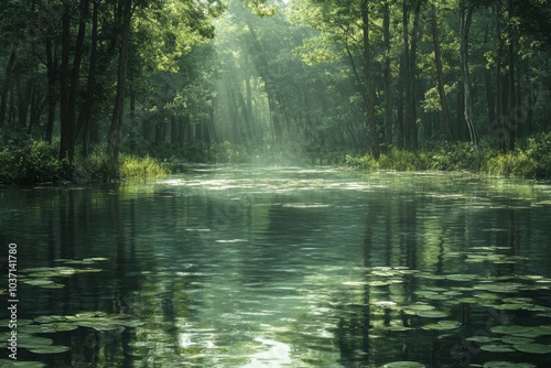 A serene forest landscape with sunlight filtering through the trees, reflecting on a tranquil pond.