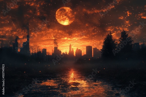 A dramatic sunset over a dystopian cityscape, with dark silhouettes and an ominous red sky creating a haunting atmosphere. photo