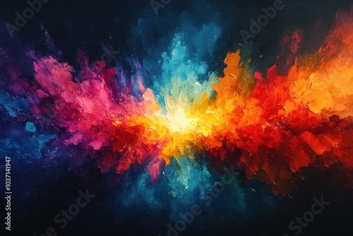 A vibrant abstract painting showcasing a burst of colors in a cosmic-like explosion.