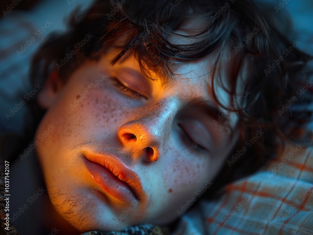 Close-up Portrait of a Sleeping Person with Soft Light and Freckles Close-up Portrait of a Sleeping Person with Soft Light and Freckles