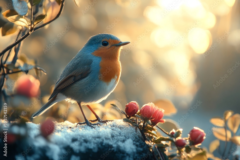 A vibrant bird perched on a snowy log amidst delicate flowers, basking in the soft golden glow of morning light. A vibrant bird perched on a snowy log amidst delicate flowers, basking in the soft golden glow of morning light.