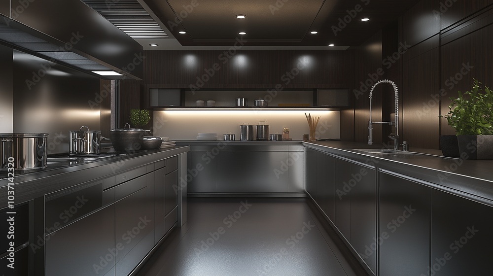 A sophisticated kitchen with a combination of stainless steel and dark wood elements. The space is designed with clean lines, an organized layout, and modern fixtures. A sophisticated kitchen with a combination of stainless steel and dark wood elements. The space is designed with clean lines, an organized layout, and modern fixtures.