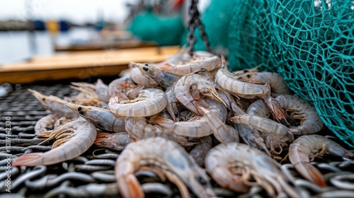 Freshly caught shrimp on fishing net
 photo