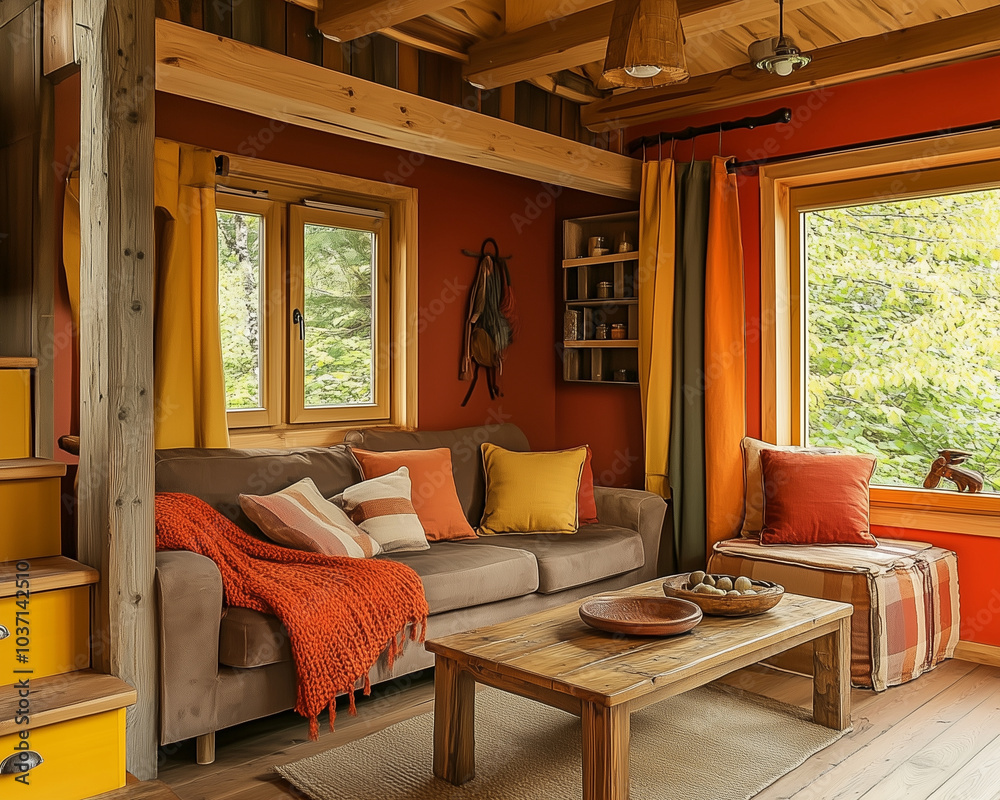 Warm and Cozy Tiny House Interior with Autumnal Colors: Fall-Inspired Design in Golden Yellow, Deep Red, Rustic Orange, and Forest Green
Warm and Cozy Tiny House Interior with Autumnal Colors: Fall-Inspired Design in Golden Yellow, Deep Red, Rustic Orange, and Forest Green